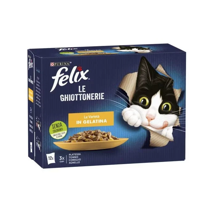 Purina Felix Le Ghiottonerie Gusto Platessa/Tonno/Coniglio/Agnello Cibo Umido Gatti Adulti Busta 12x85g