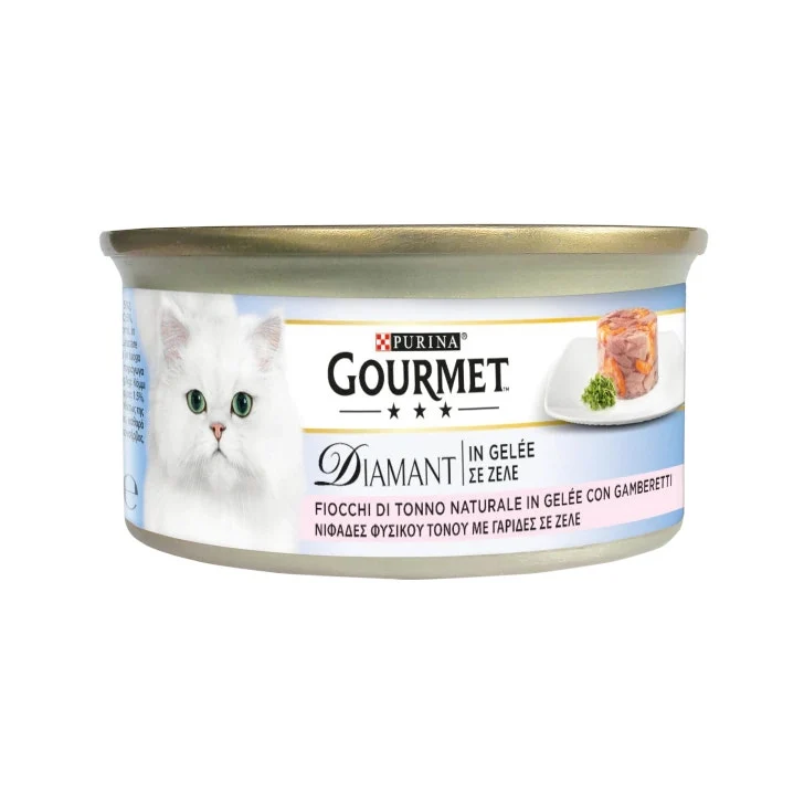 Purina Gourmet Diamant Fiocchi Tonno Naturale Gelée Con Gamberetti Per Gatti Lattina 85g