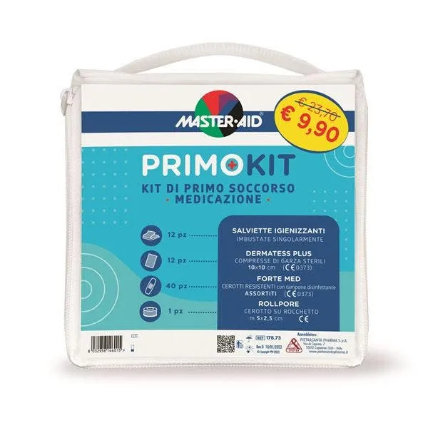 Kit Primo Soccorso Medicazione 12 Salviette + 12 Compresse Garza + 40 Cerotti Assortiti + Cerotto Su Rocchetto