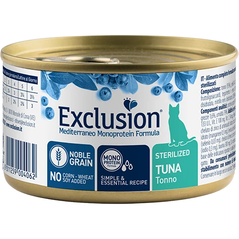 Exclusion Mediterraneo Monoprotein Noble Grain Cibo Umido Tonno Per Gatti Sterilizzati 85g