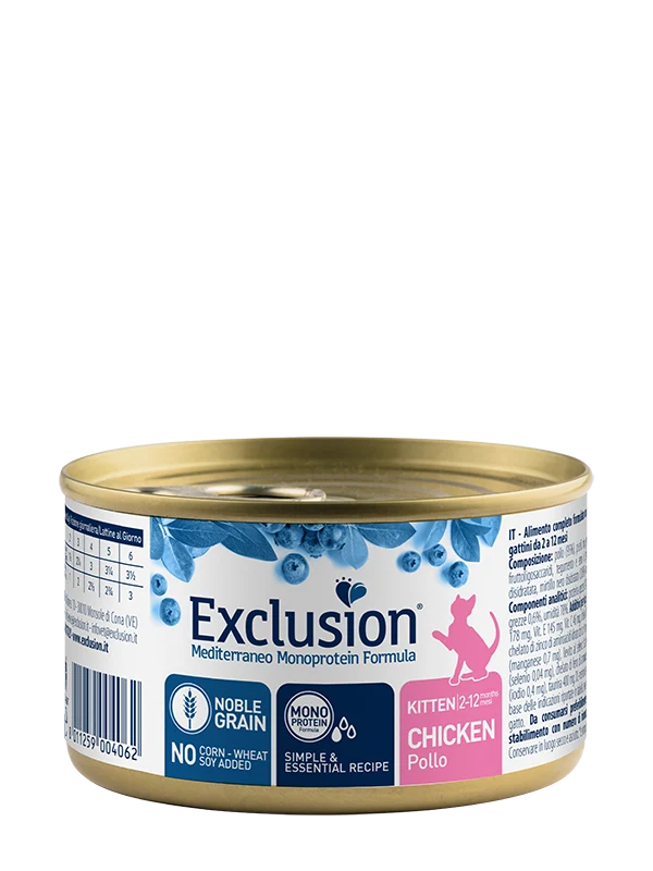 Exclusion Mediterraneo Noble Grain Cibo Umido Per Gattini Al Pollo Lattina 85gr